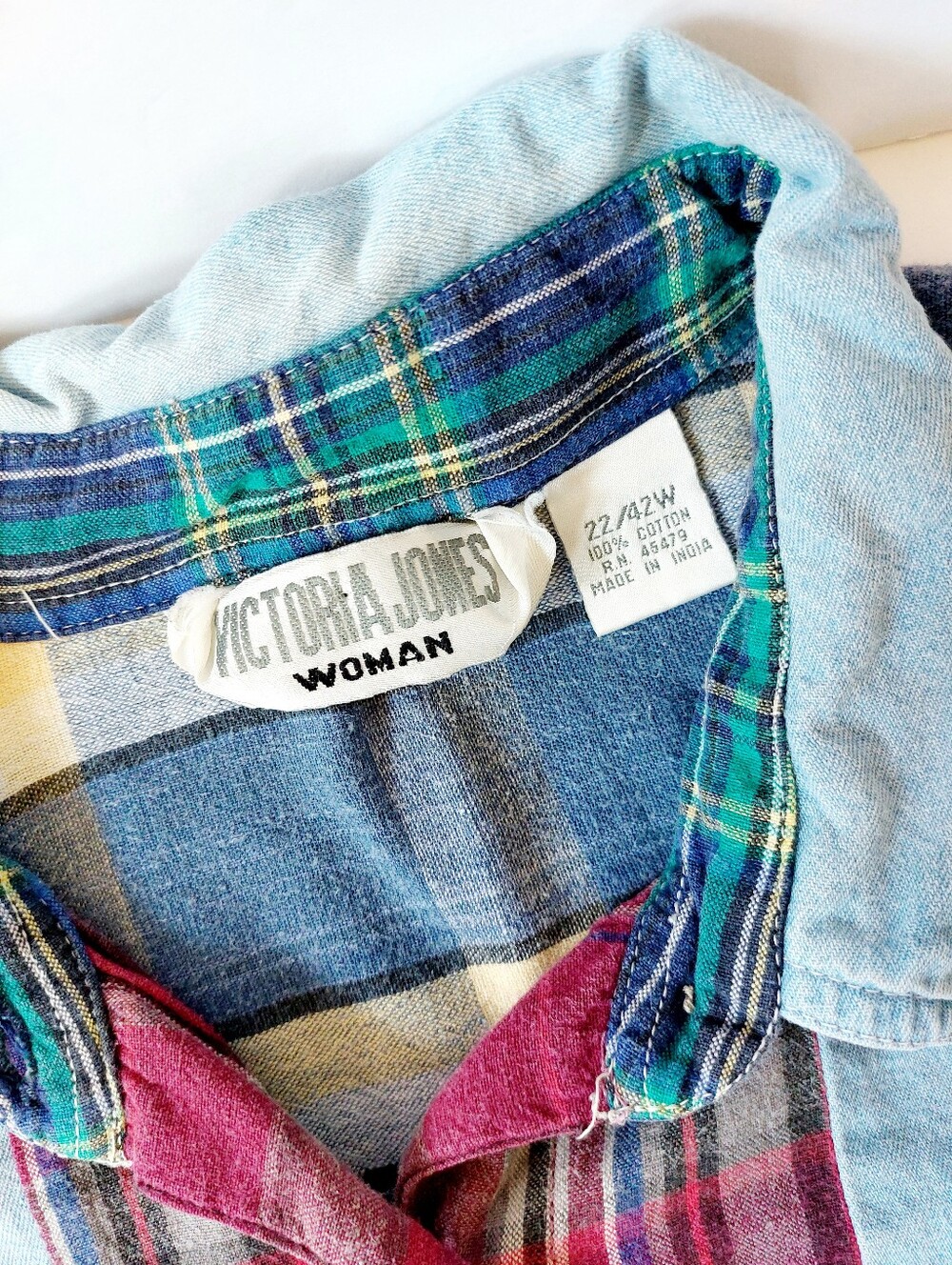 Patchwork Stripe Chambray & Plaid Shirt 22/24W Victoria Jones Grunge Cottagecore - Picture 3 of 5